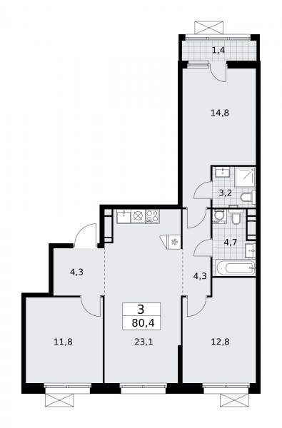 3 комнаты до 80.4