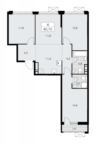 Многокомнатная, 80.7 м²