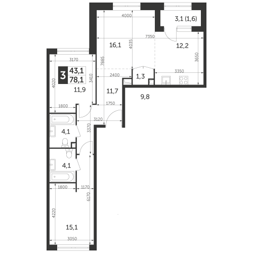 3-комнатная, квартира, 78.1 м²