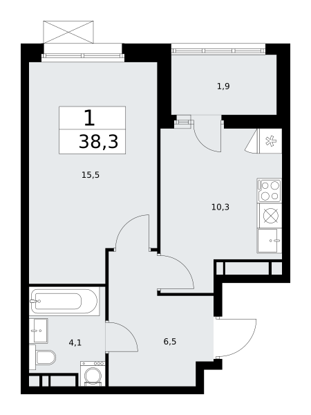 1-комнатная квартира №24К-25.2-294, 38,3 м² за 12,89 млн руб. в ЖК «Скандинавия» - планировка
