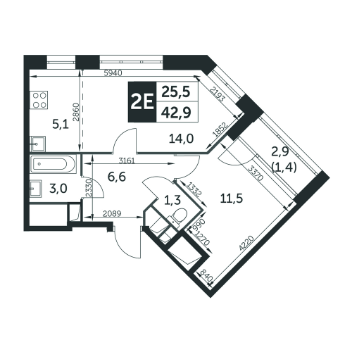 2-комнатная, квартира, 42.8 м²