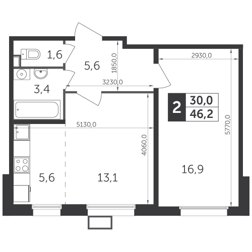 2-комнатная, квартира, 46.2 м²