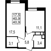 1-комнатная квартира 40.9 м²