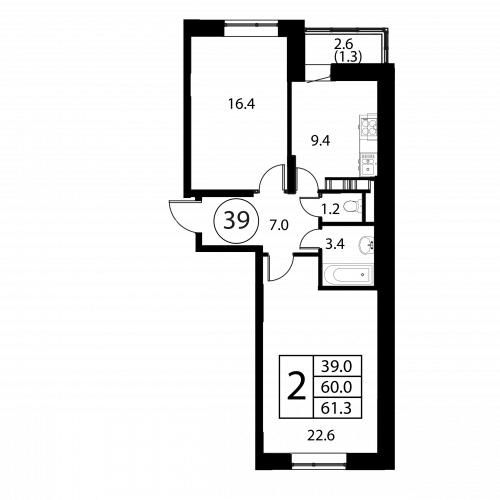 2-комнатная, квартира, 61.3 м²