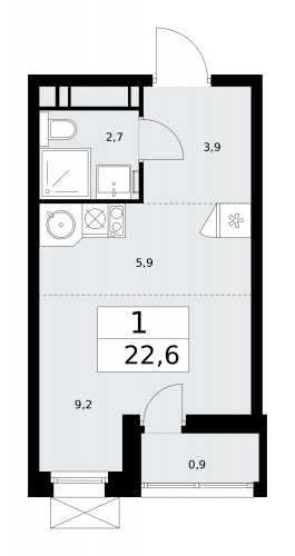 1-комнатная, 22.6 м²