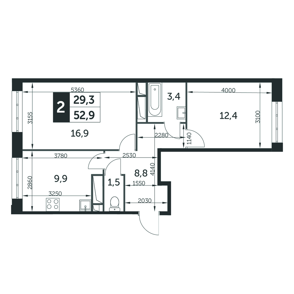 2-комнатная квартира №319, 52,9 м² за 10,14 млн руб. в ЖК «Датский квартал» - планировка