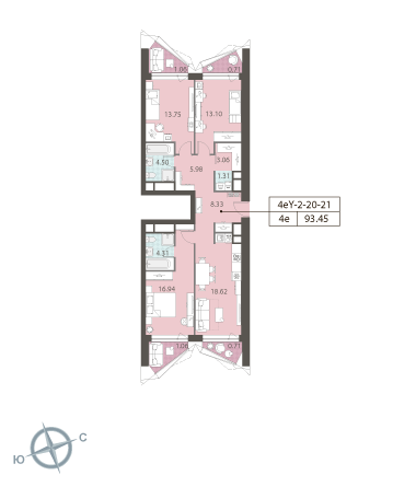 3-комнатная, квартира, 93.45 м²