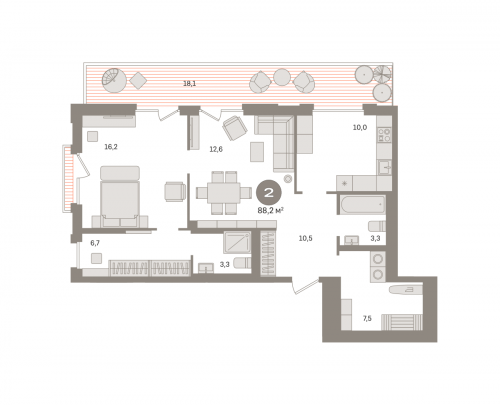 2-комнатная, квартира, 88.16 м²
