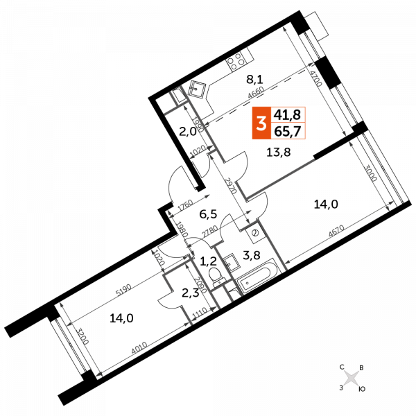 3 комнаты до 65.7