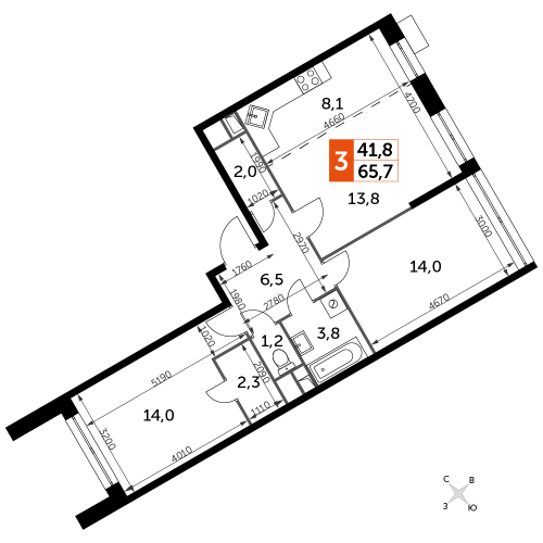 3-комнатная, 65.7 м²