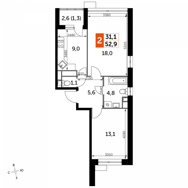 2 комнаты до 52.9