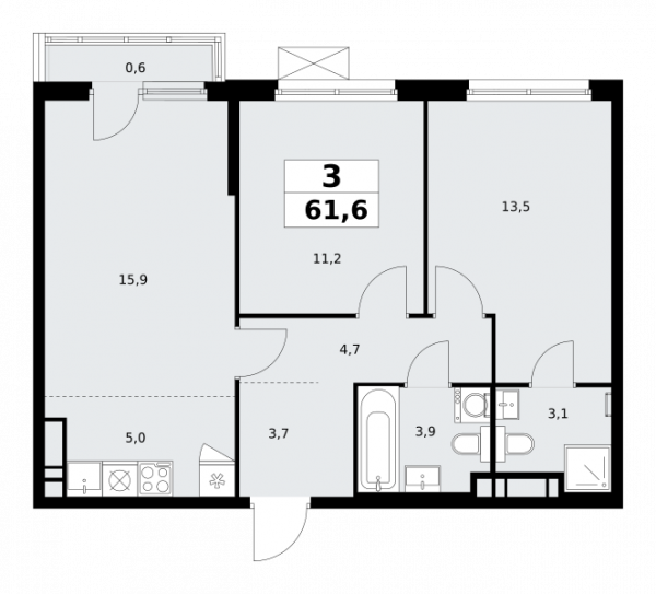 3 комнаты до 61.6