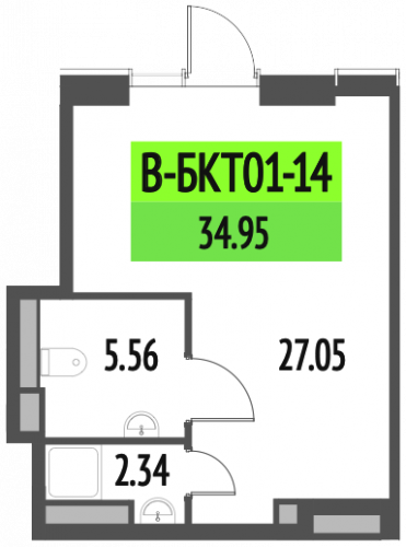 Студия, 34.95 м²