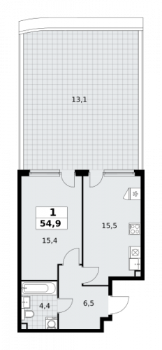 1-комнатная, 54.9 м²