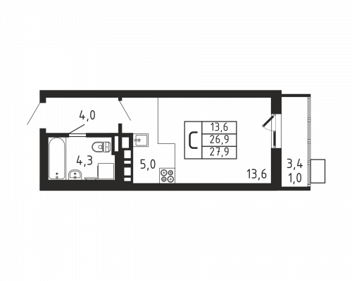 Студия, 27.9 м²