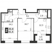 2-комнатная квартира 61,6 м²