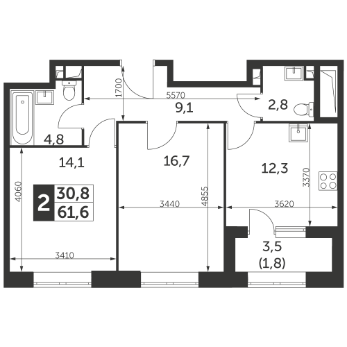2-комнатная, квартира, 61.6 м²