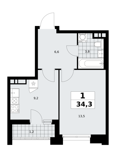 1-комнатная квартира №58К-7.1.2-374, 34,3 м² за 13,03 млн руб. в ЖК «Прокшино» - планировка