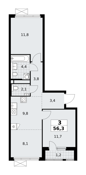 3-комнатная квартира №58К-11.2.3-775, 56,3 м² за 17,12 млн руб. в ЖК «Прокшино» - планировка