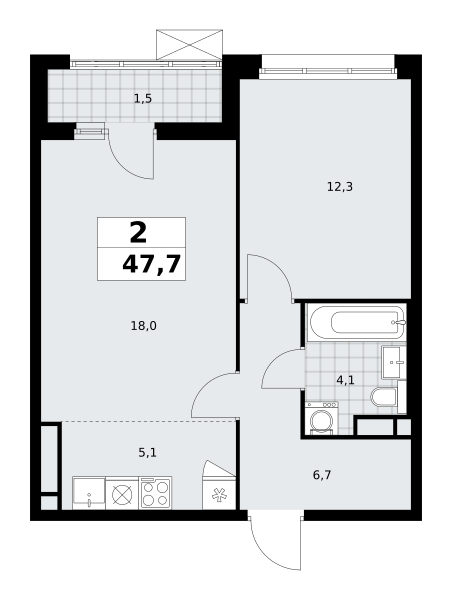 2-комнатная квартира №58К-7.1.4-581, 47,7 м² за 13,33 млн руб. в ЖК «Прокшино» - планировка