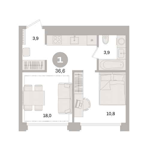 1-комнатная, квартира, 36.6 м²