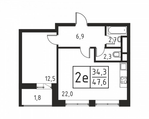 2-комнатная, квартира, 47.8 м²