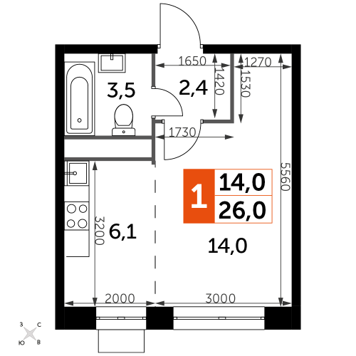Студия, 26 м²