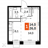 1-комнатная квартира 26 м²