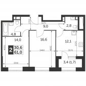 2-комнатная квартира 61 м²