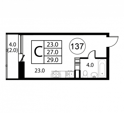 Студия, 29 м²