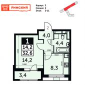 1-комнатная квартира 32,6 м²