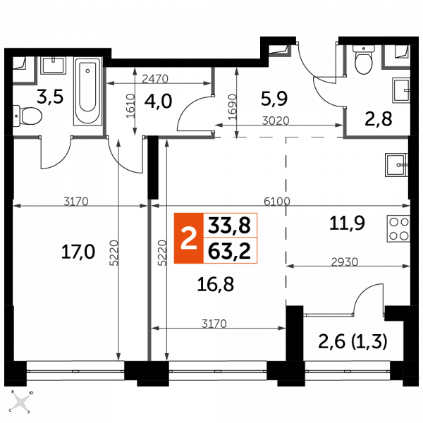 2 комнаты до 63.2