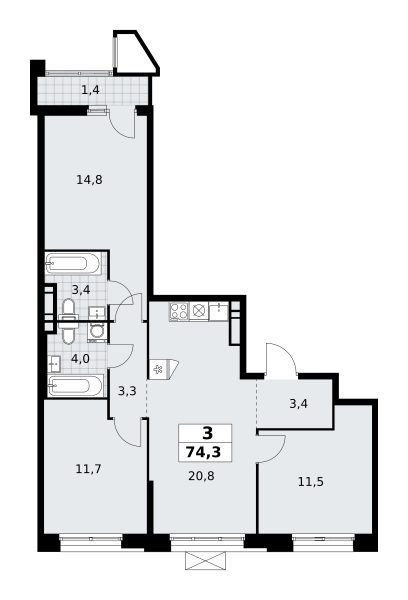 3-комнатная квартира №58К-7.1.1-164, 74,3 м² за 18,87 млн руб. в ЖК «Прокшино» - планировка
