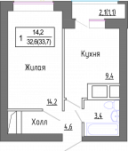 1-комнатная квартира 32,05 м²