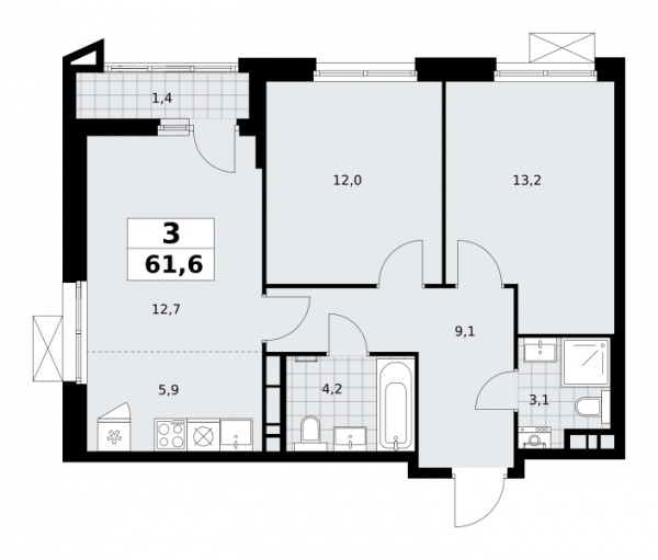 3 комнаты до 61.6