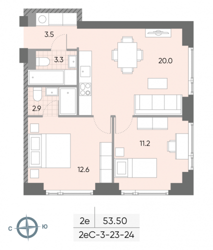 2-комнатная, квартира, 53.5 м²