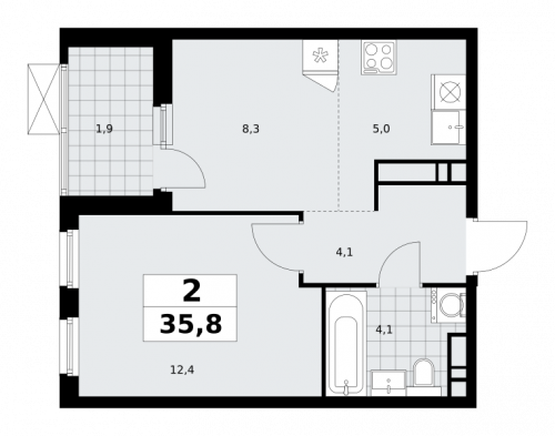 2-комнатная, 35.8 м²