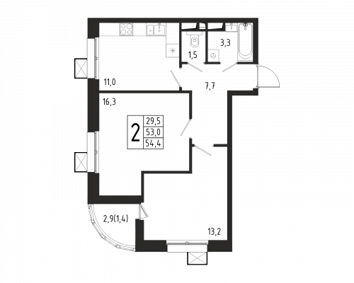 2-комнатная, квартира, 54.4 м²