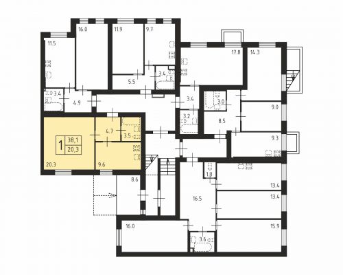 1-комнатная, квартира, 38.1 м²