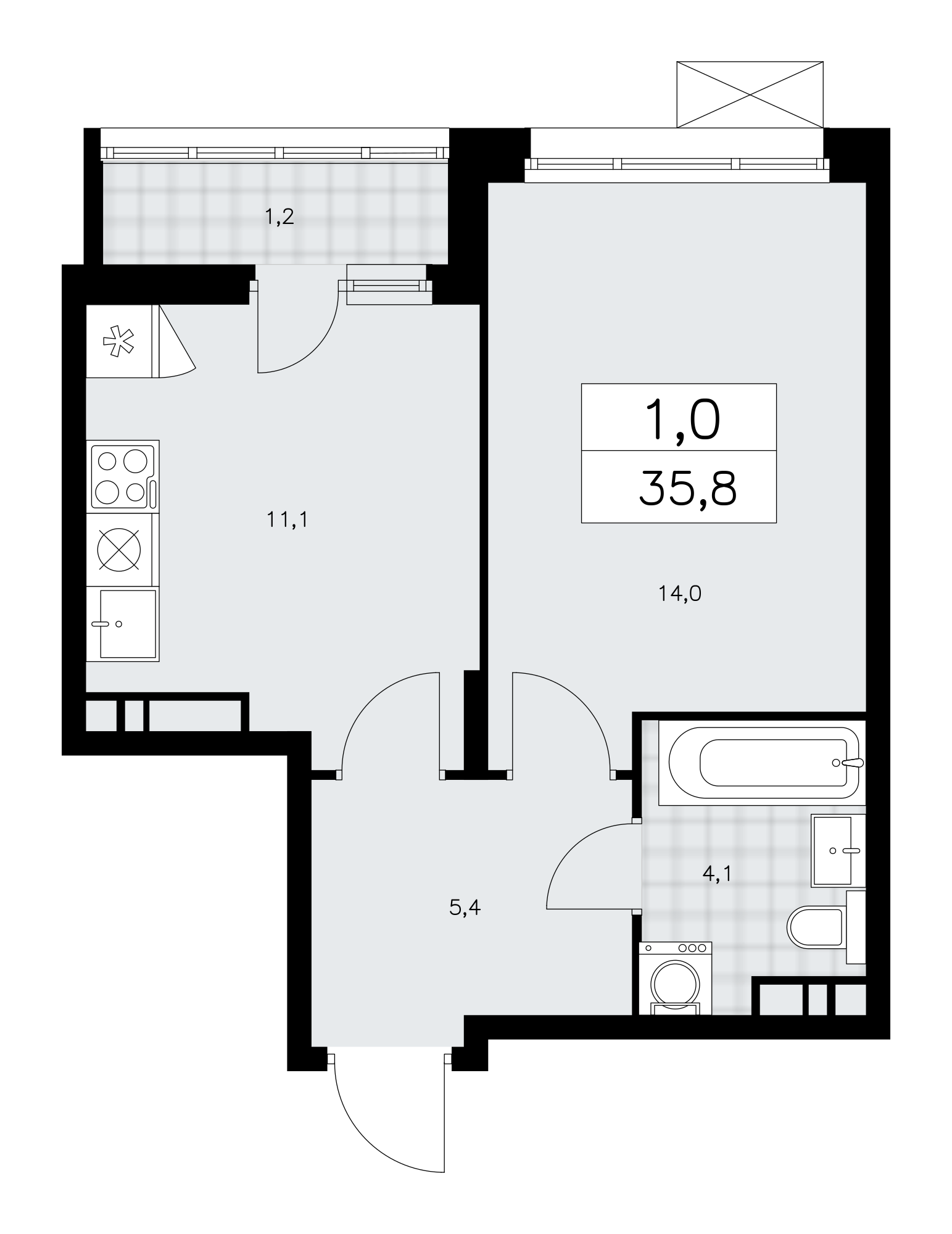 1-комнатная квартира №58К-10.1.5-1097, 35,8 м² за 13,36 млн руб. в ЖК «Прокшино» - планировка