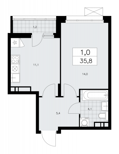 1-комнатная, 35.8 м²