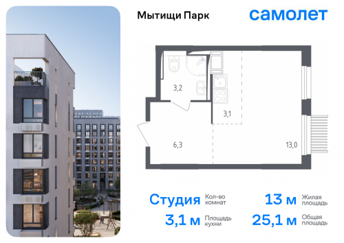Студия, 25.1 м²