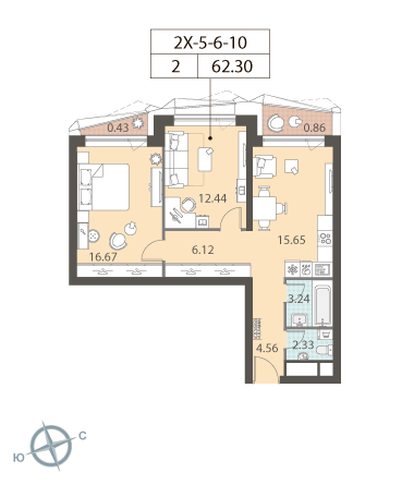 2 комнаты до 62.3