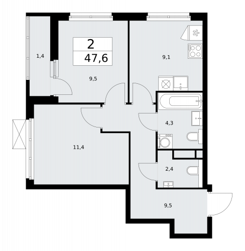 2-комнатная, 47.6 м²
