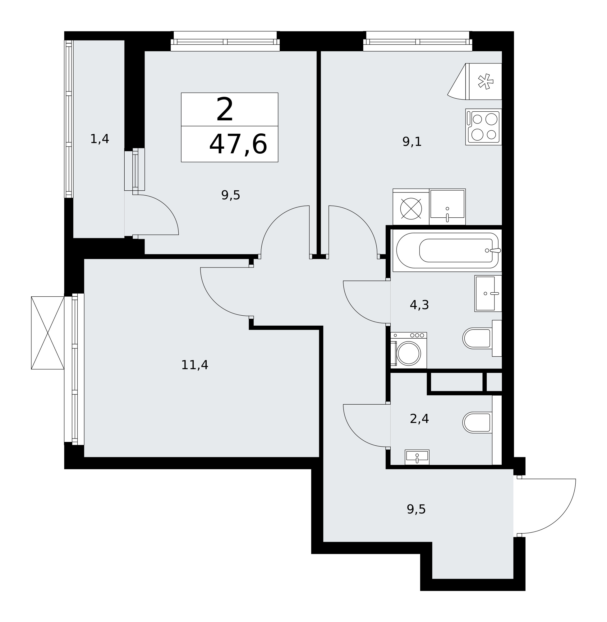 2-комнатная квартира №58К-11.2.1-150, 47,6 м² за 13,18 млн руб. в ЖК «Прокшино» - планировка