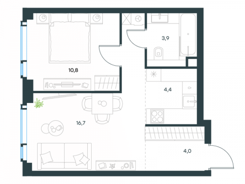 2-комнатная, 39.8 м²