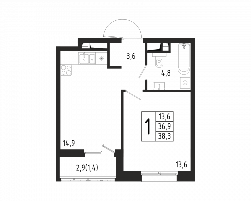 1-комнатная, квартира, 38.3 м²