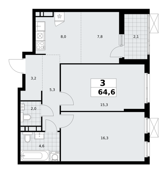 3-комнатная квартира №23К-18.1.1-48, 64,6 м² за 15,96 млн руб. в ЖК «Скандинавия» - планировка