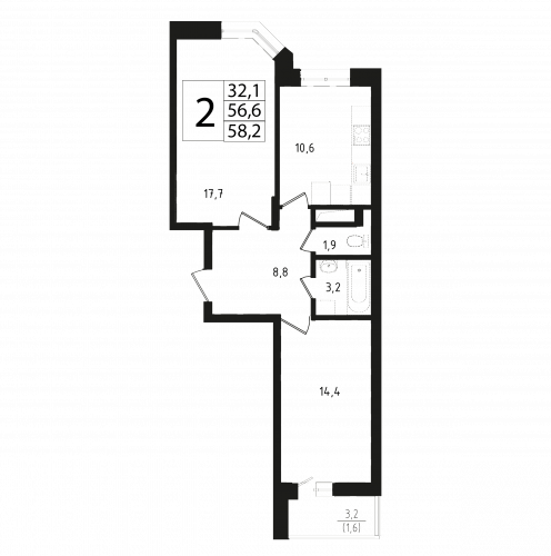 2-комнатная, квартира, 56.5 м²