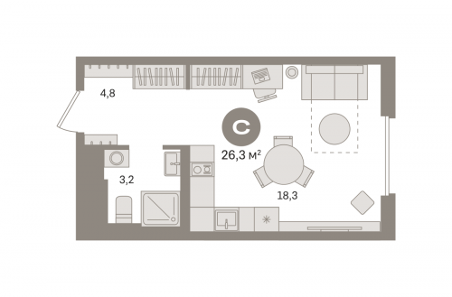Студия, 26.32 м²